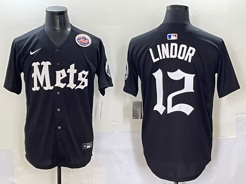 Men 2025 New York Mets 12 Lindor Black Five generations Joint Name Nike MLB Jersey style 11
